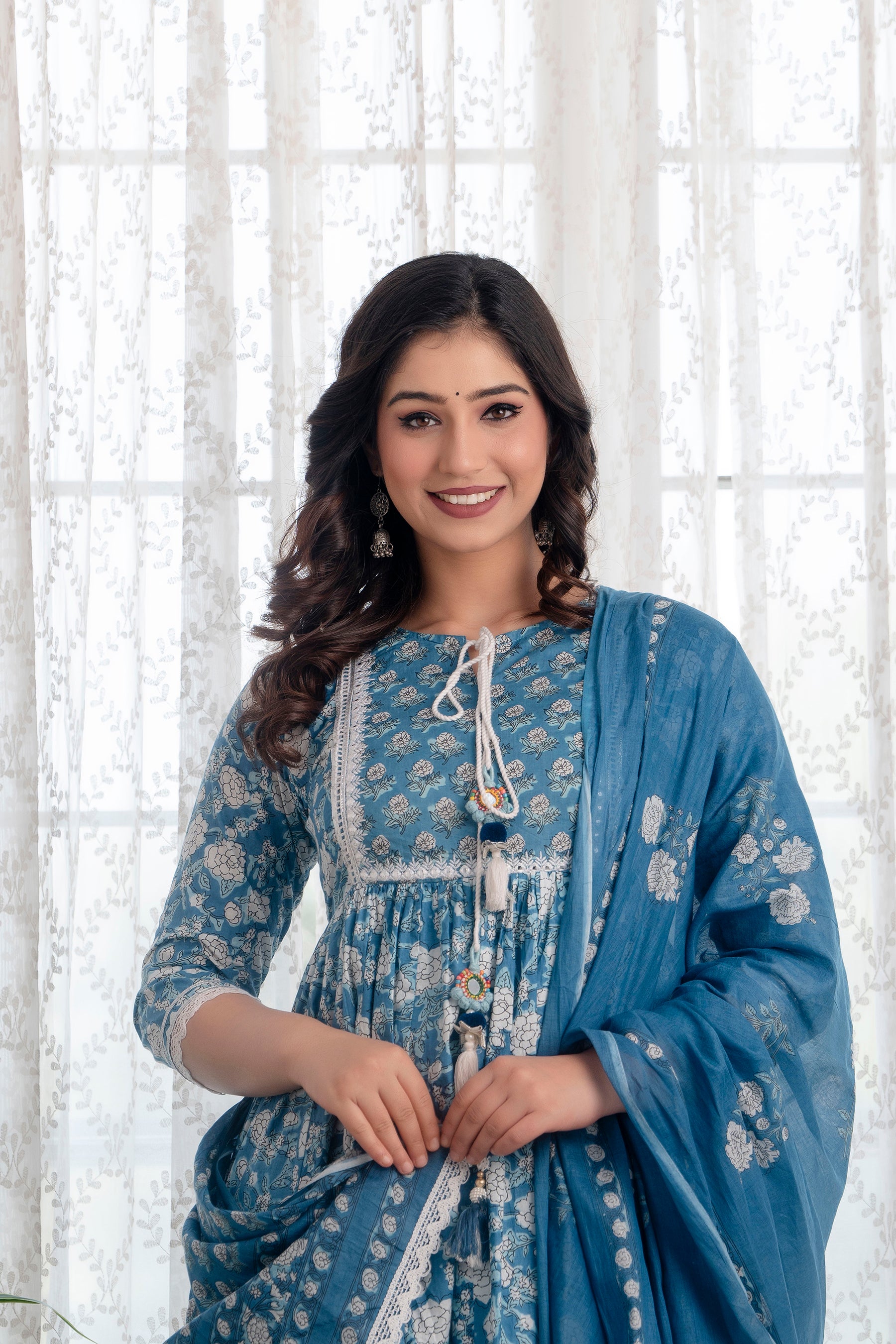 Blue Printed Cotton Suit with Dupatta