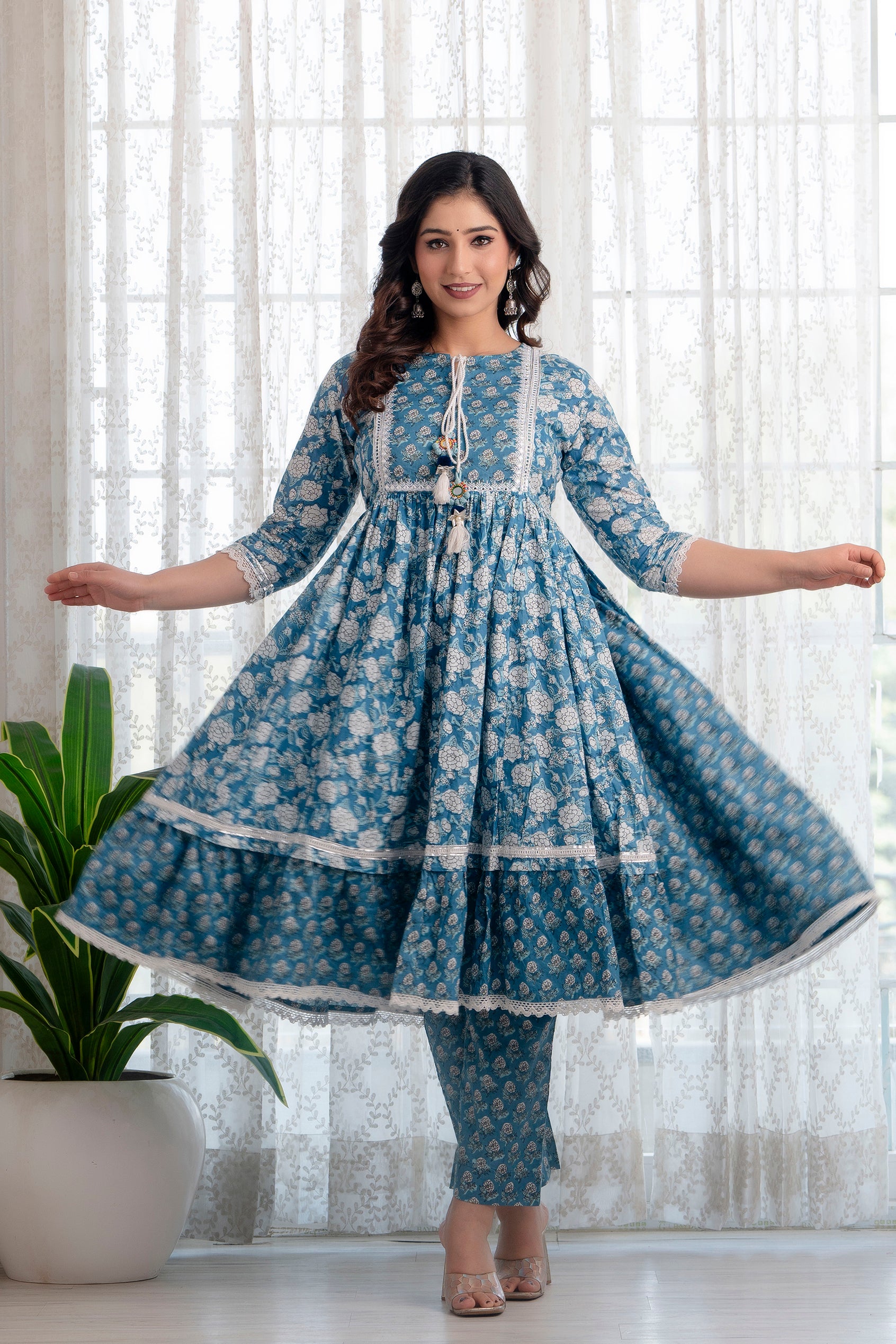 Blue Printed Cotton Suit with Dupatta