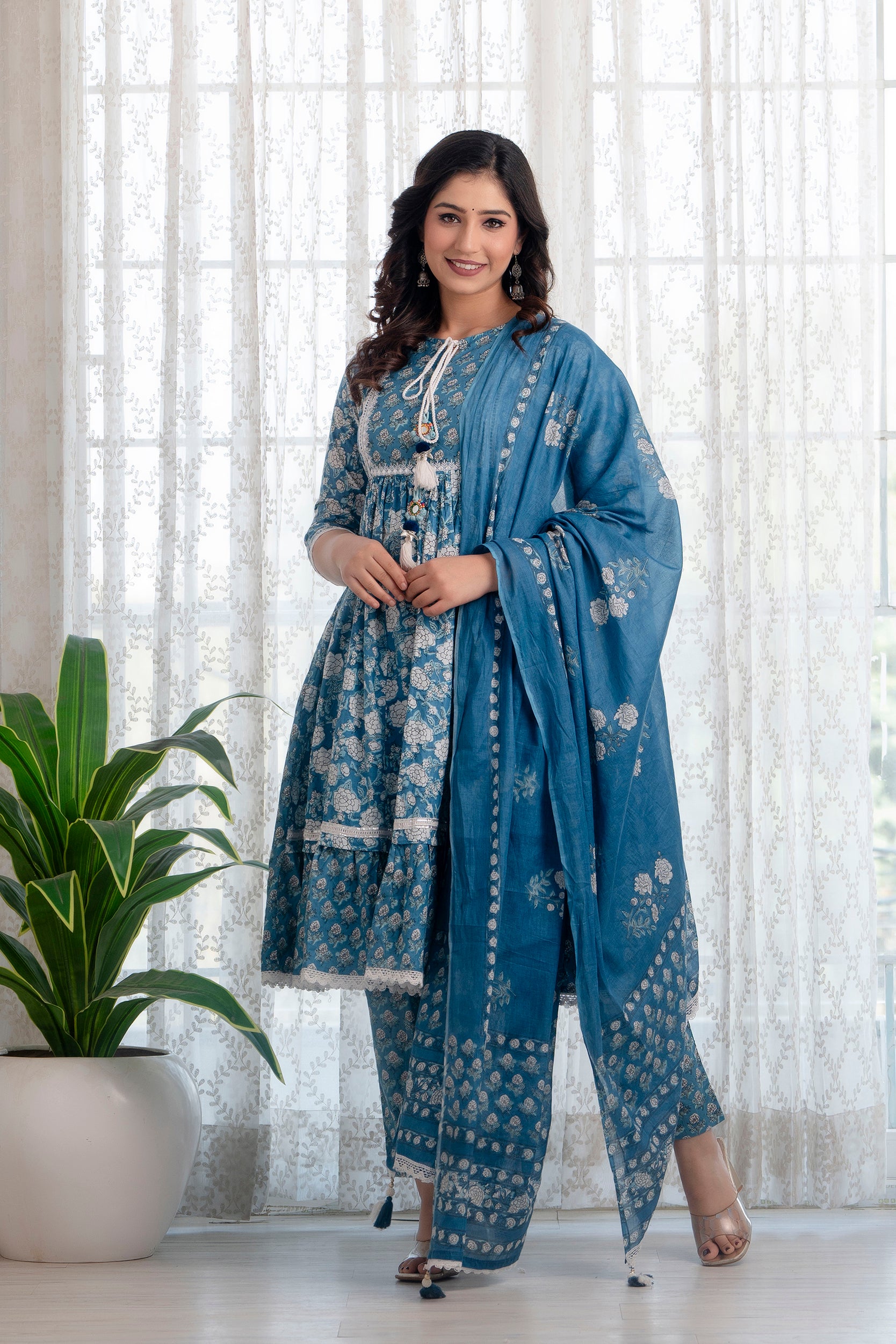 Blue Printed Cotton Suit with Dupatta