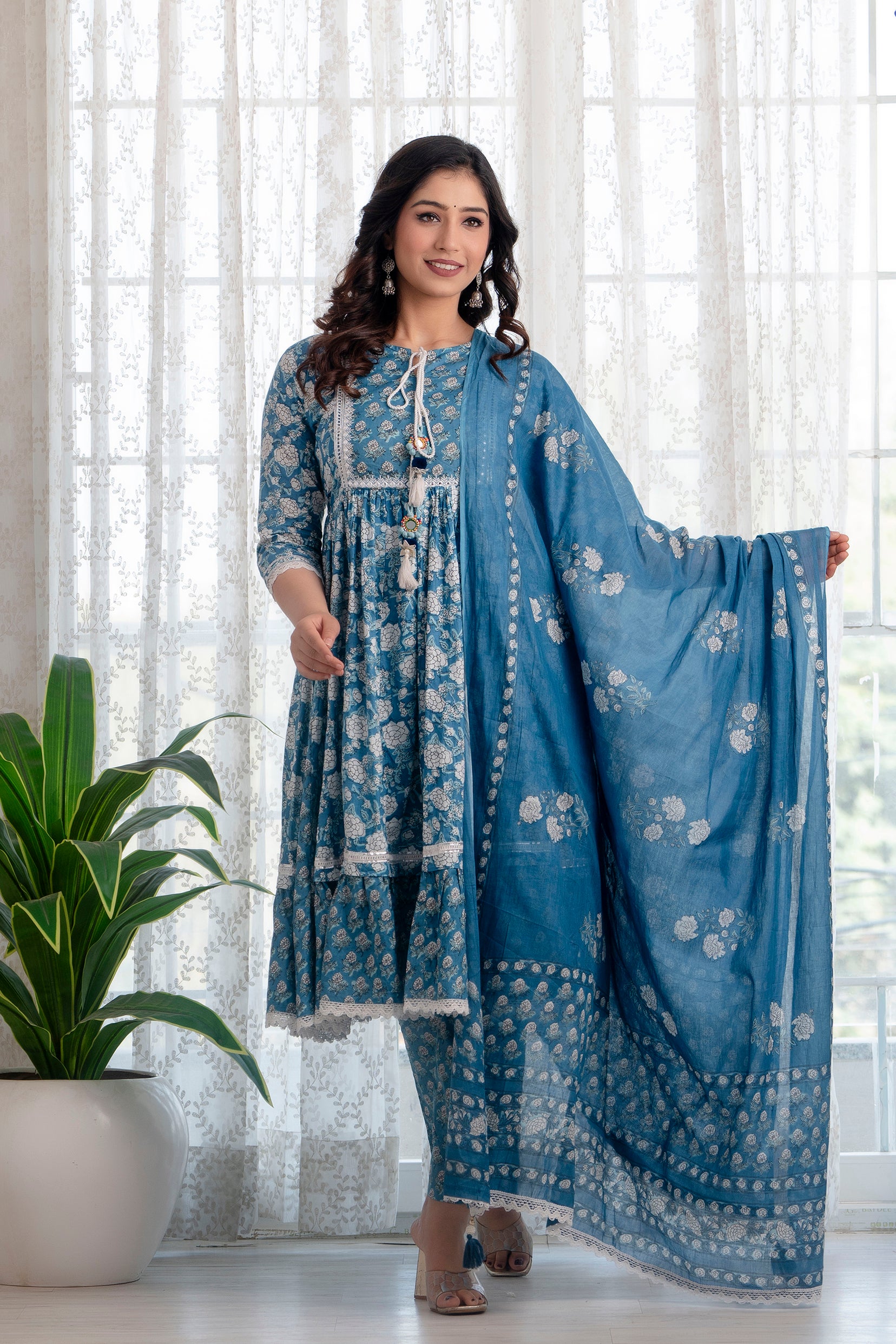 Blue Printed Cotton Suit with Dupatta