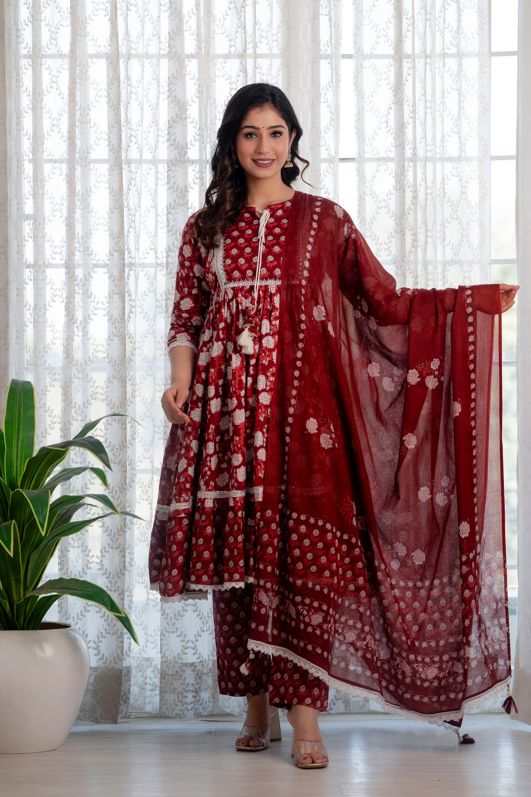 Maroon Printed Cotton Suit with Dupatta