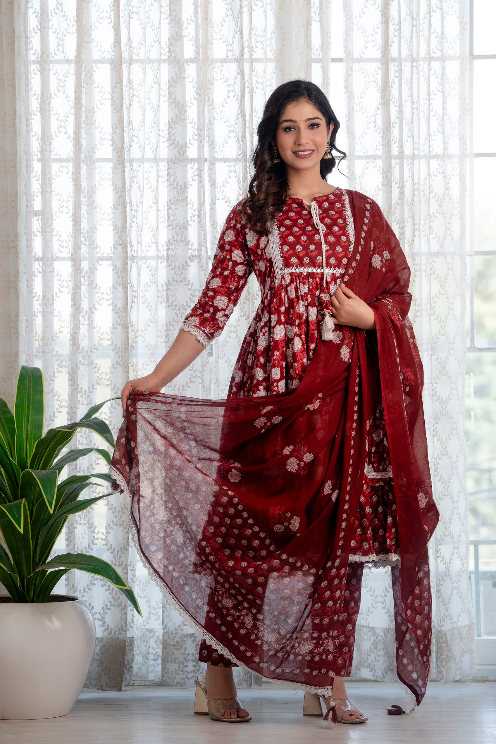 Maroon Printed Cotton Suit with Dupatta