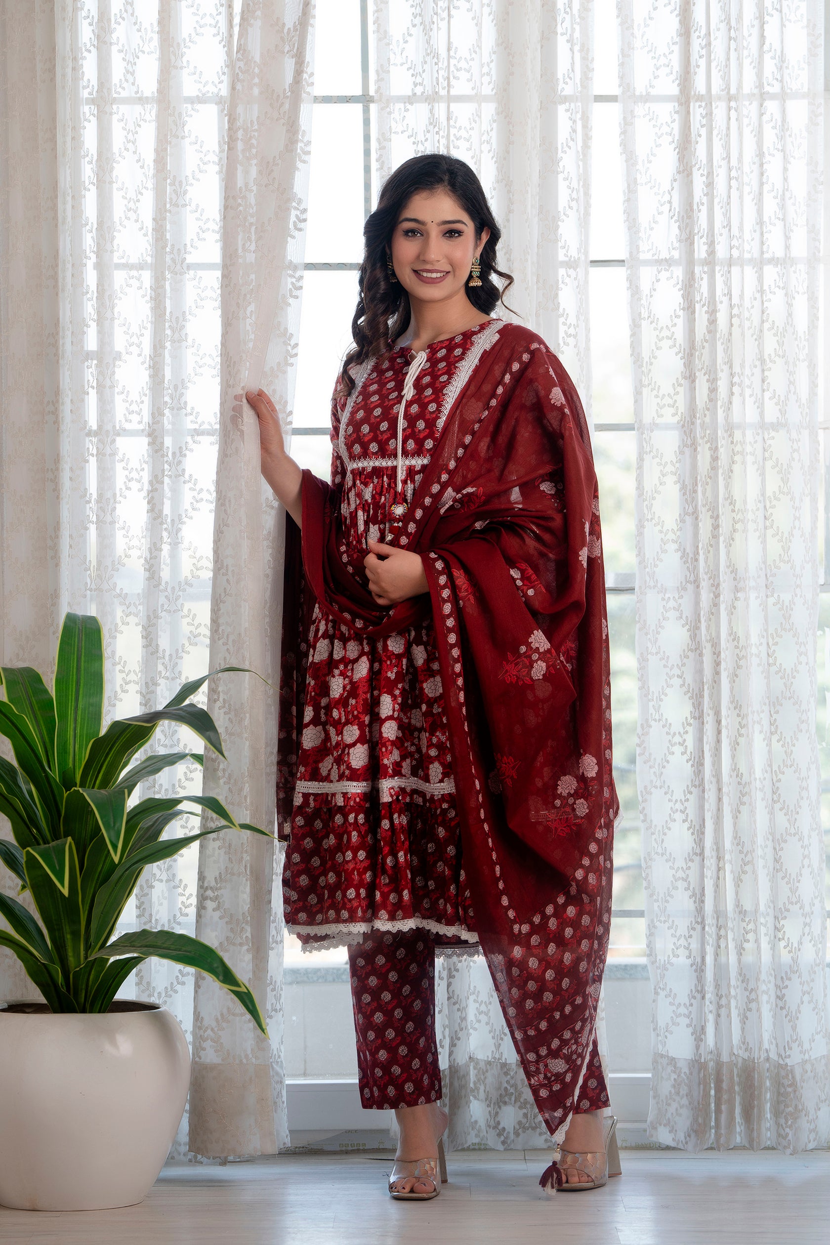 Maroon Printed Cotton Suit with Dupatta