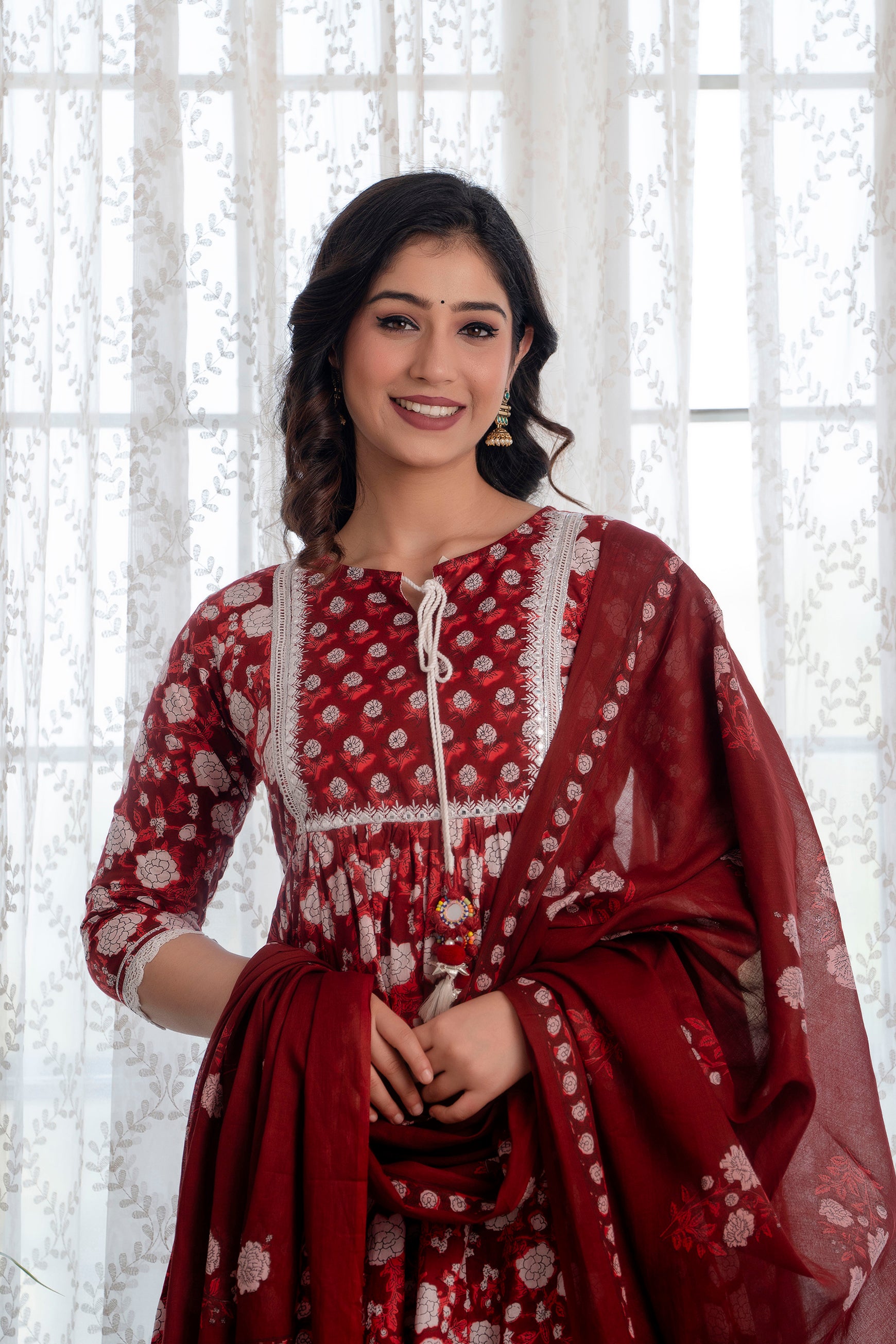 Maroon Printed Cotton Suit with Dupatta