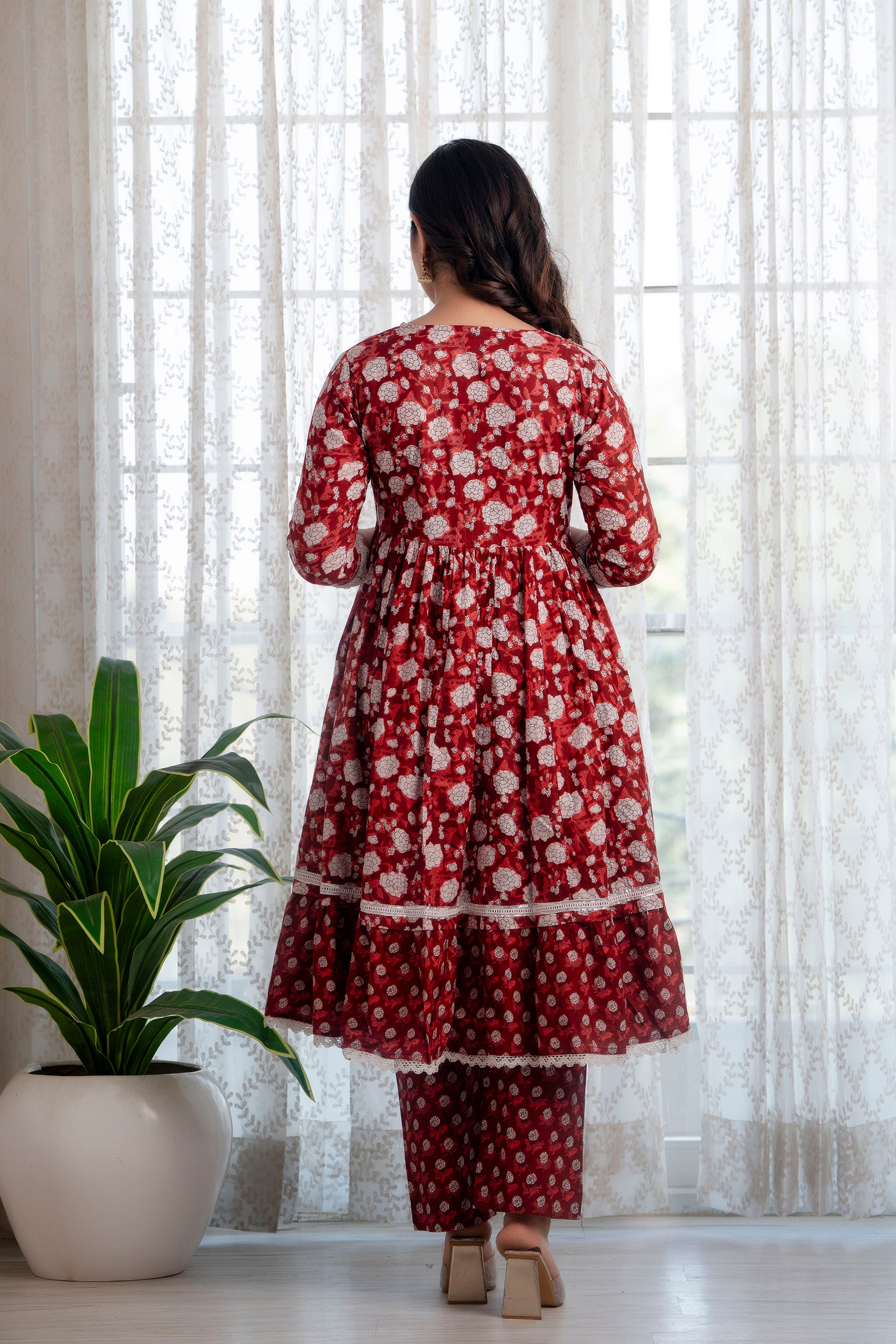 Maroon Printed Cotton Suit with Dupatta