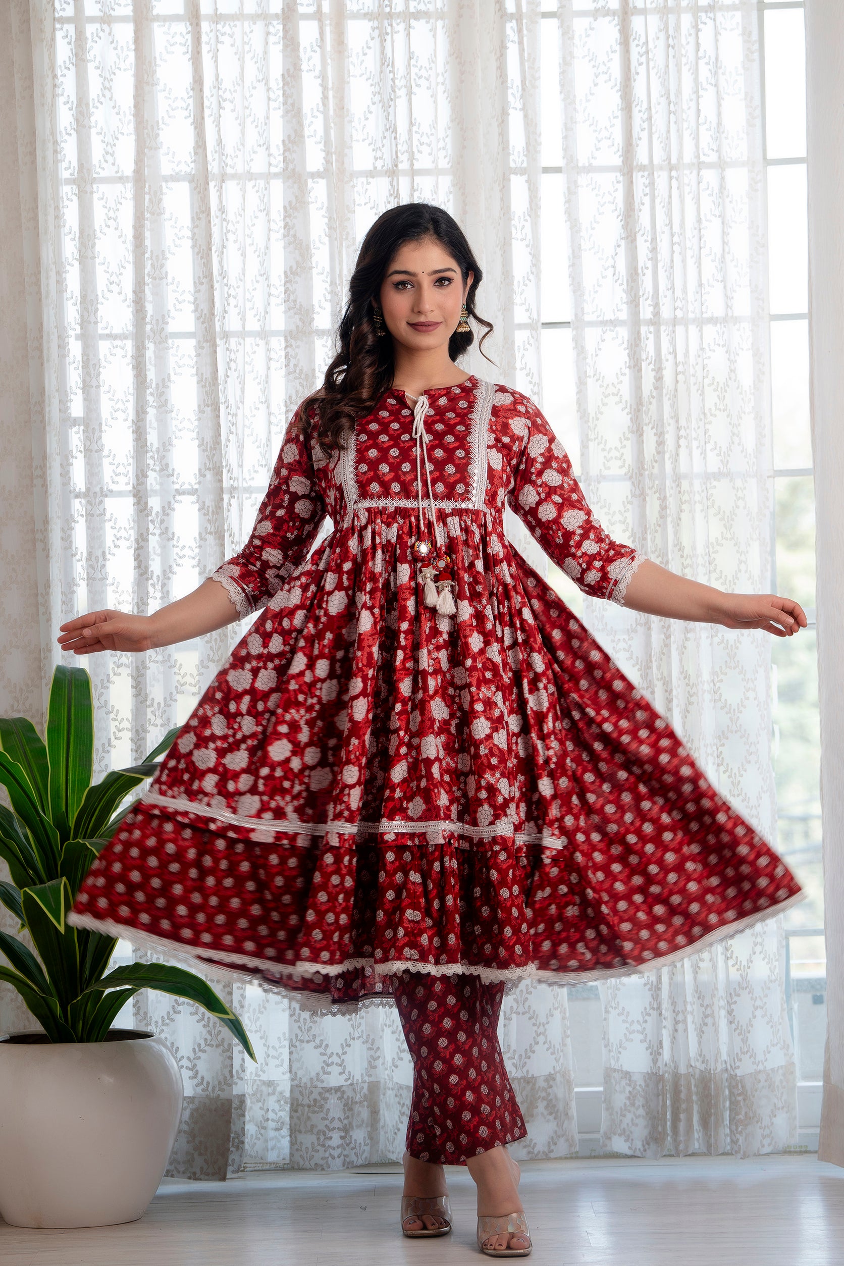 Maroon Printed Cotton Suit with Dupatta