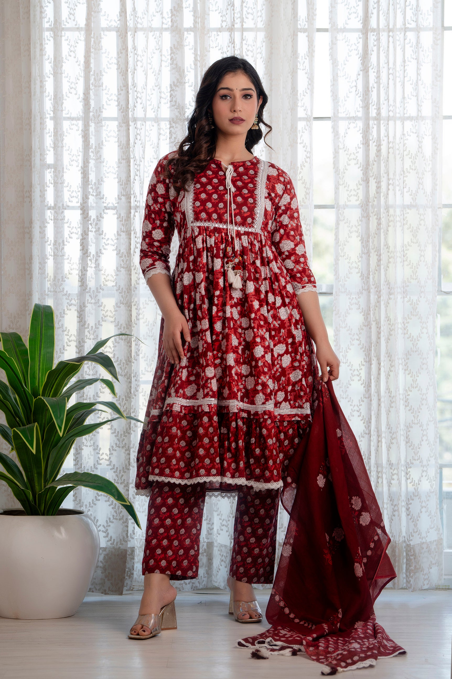 Maroon Printed Cotton Suit with Dupatta