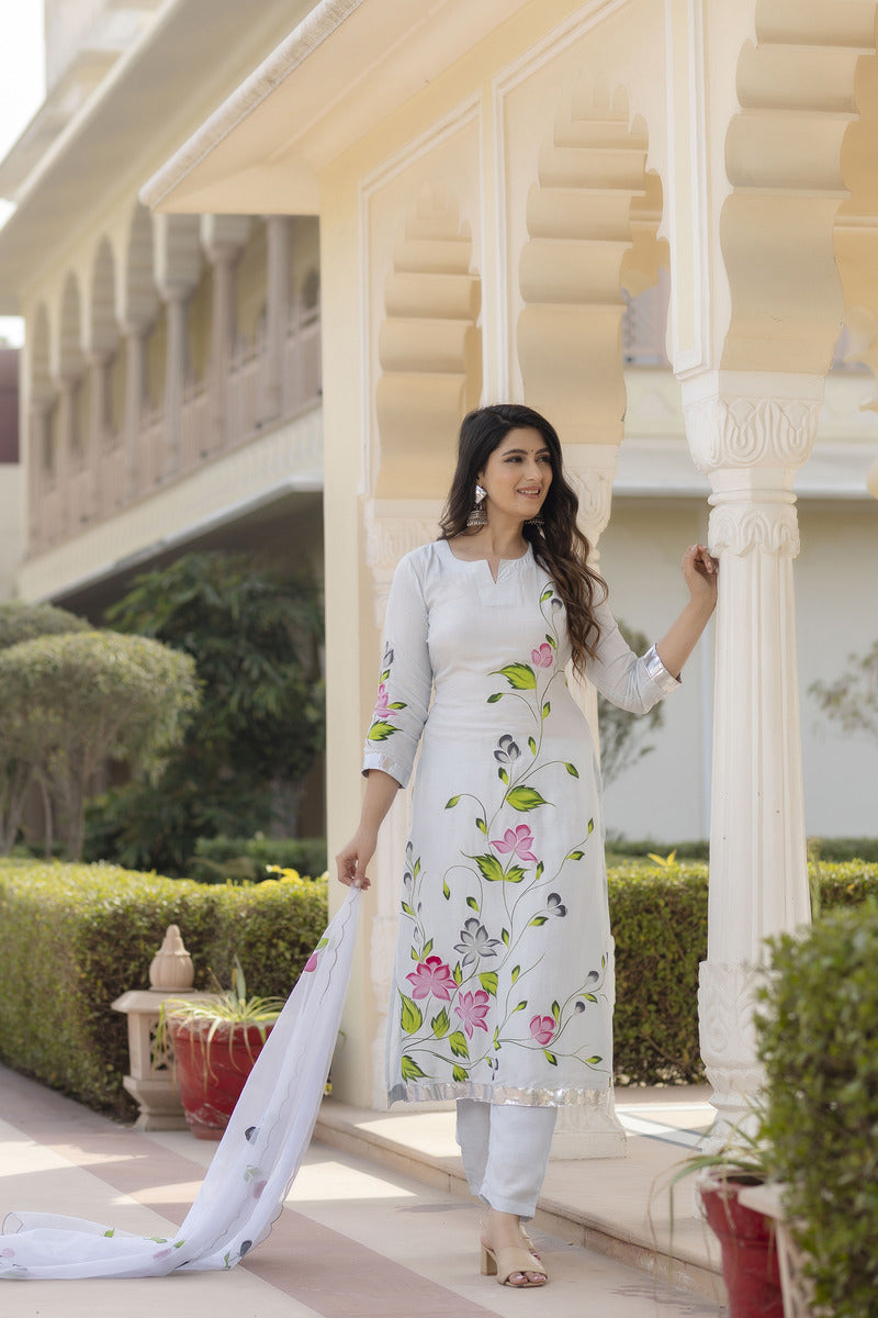 Blue Hand Painted Cotton Suit with Dupatta