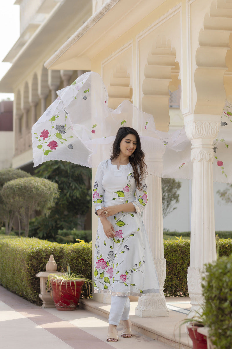 Blue Hand Painted Cotton Suit with Dupatta