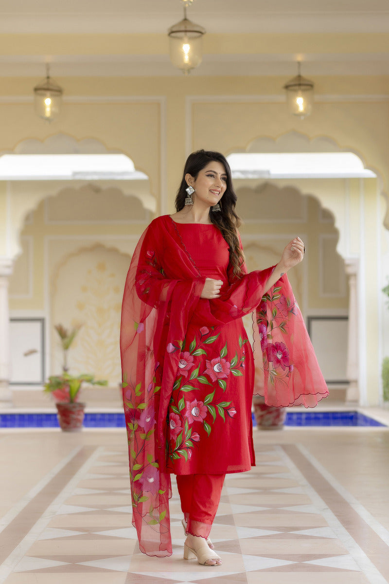 Red Hand Painted Cotton Suit with Dupatta