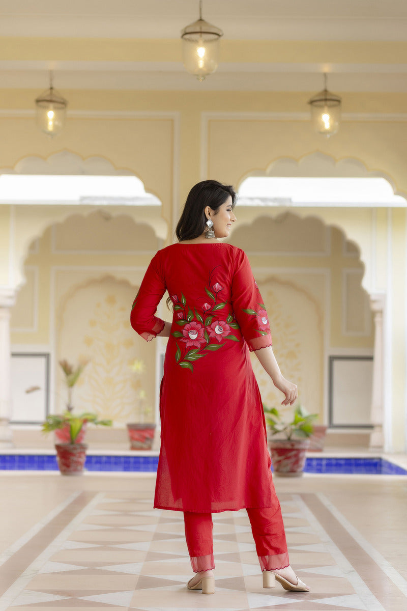 Red Hand Painted Cotton Suit with Dupatta