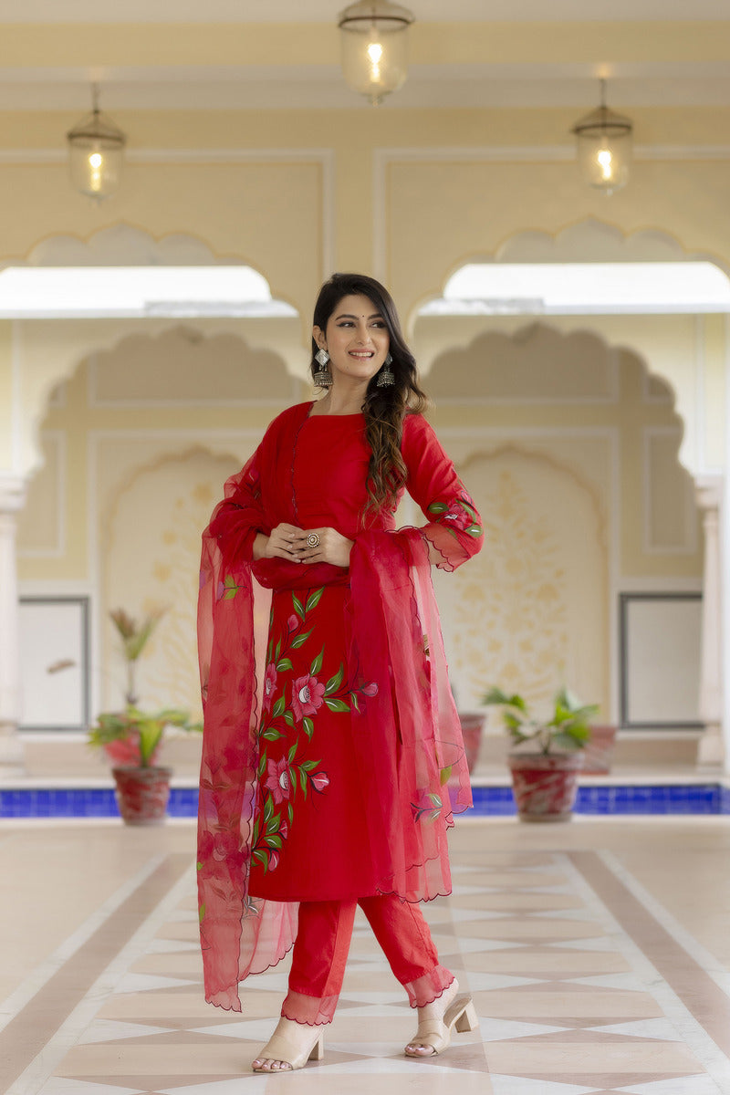 Red Hand Painted Cotton Suit with Dupatta