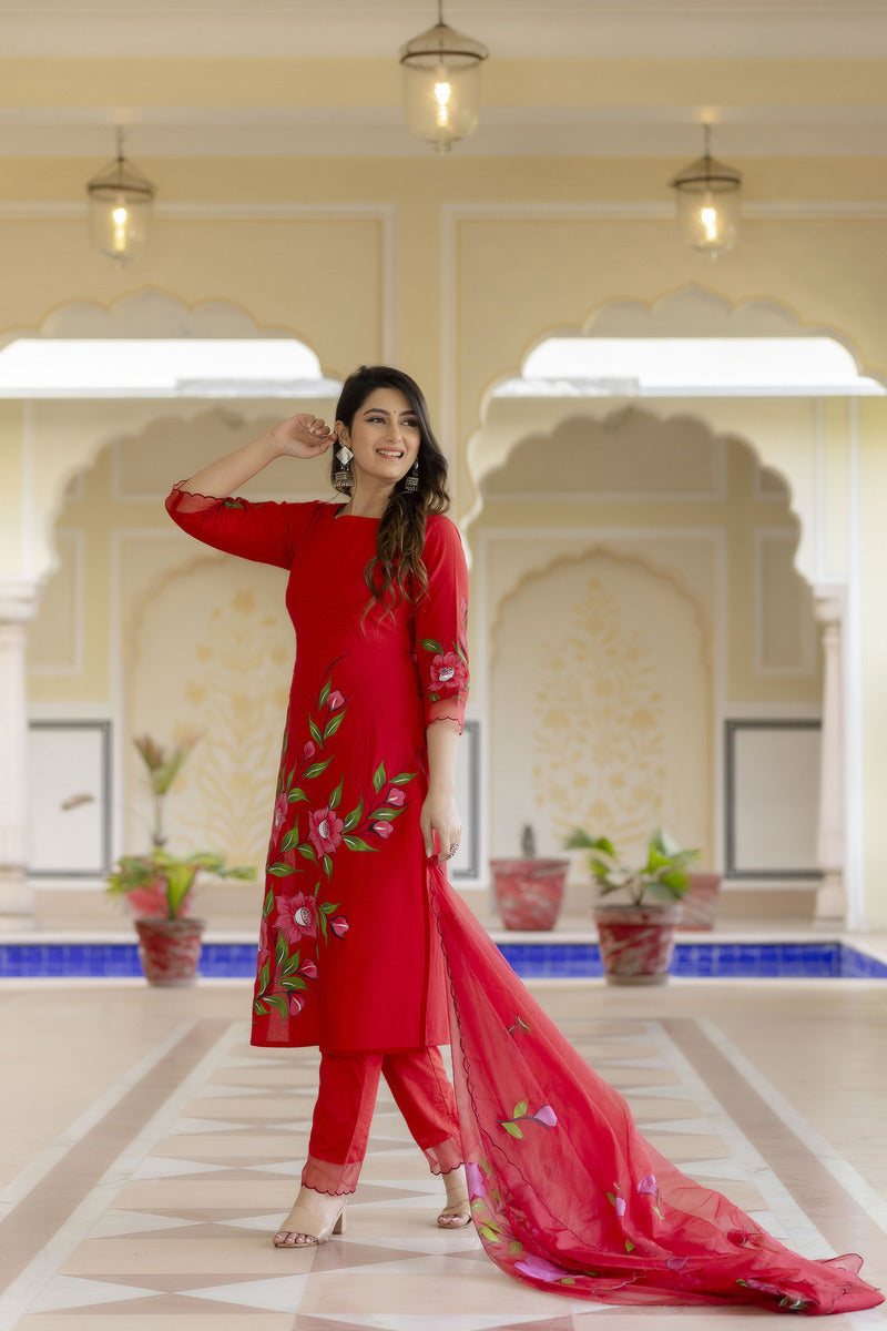 Red Hand Painted Cotton Suit with Dupatta