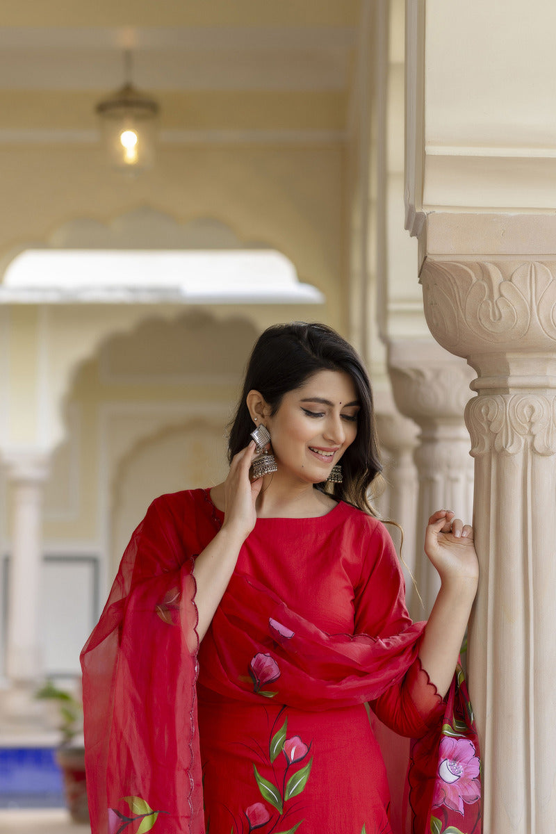 Red Hand Painted Cotton Suit with Dupatta