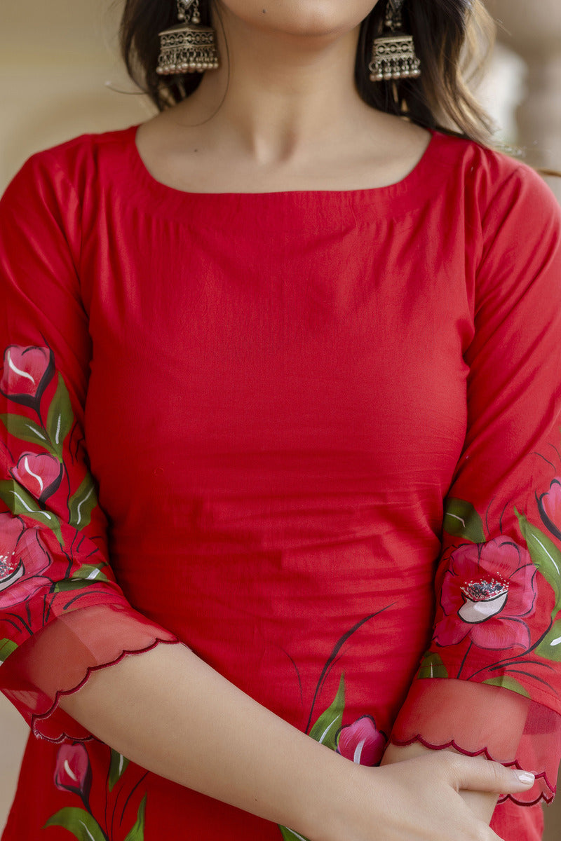 Red Hand Painted Cotton Suit with Dupatta