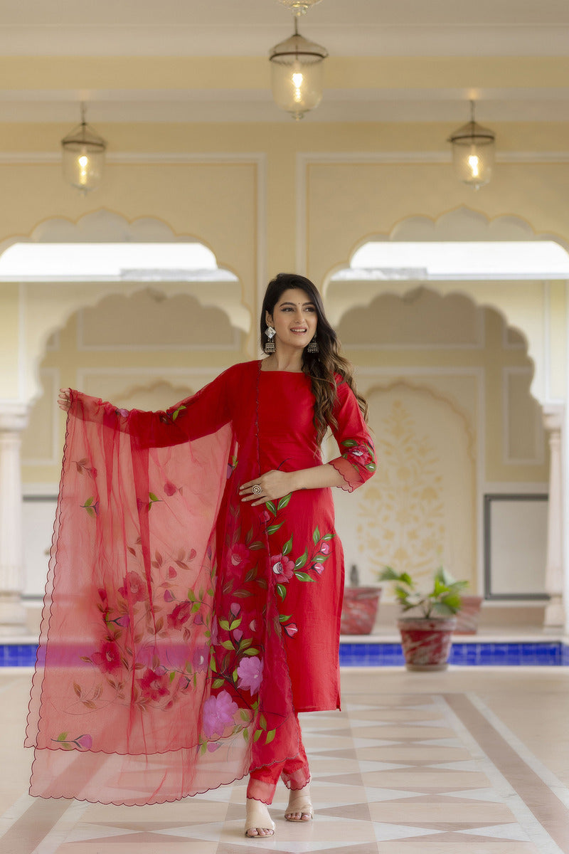 Red Hand Painted Cotton Suit with Dupatta