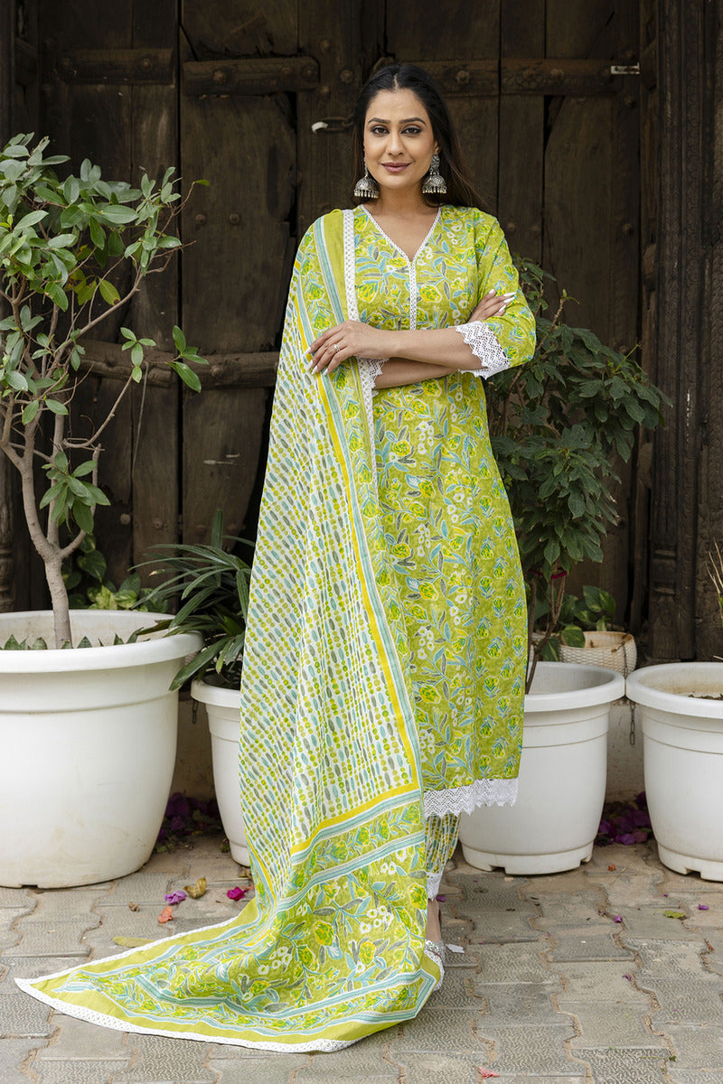 Green Printed Cotton Suit with Dupatta