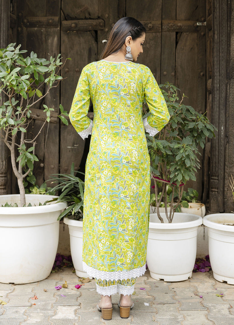 Green Printed Cotton Suit with Dupatta