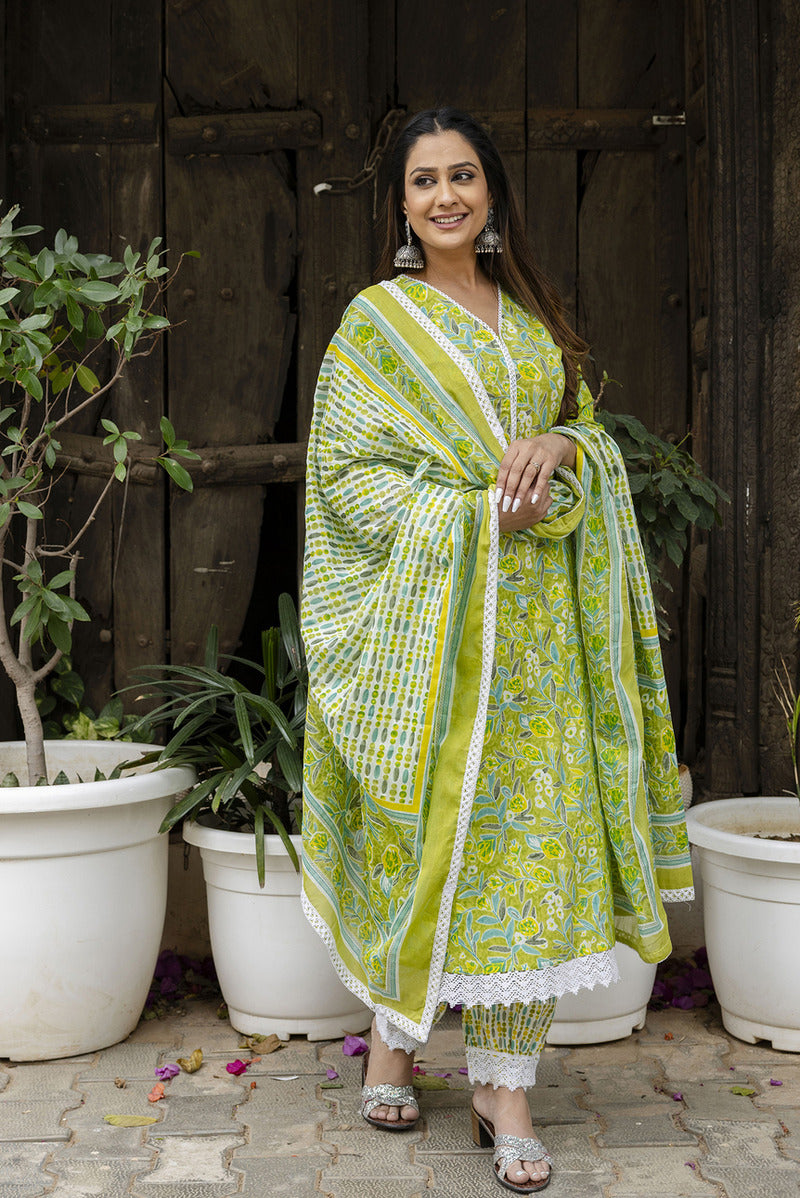 Green Printed Cotton Suit with Dupatta