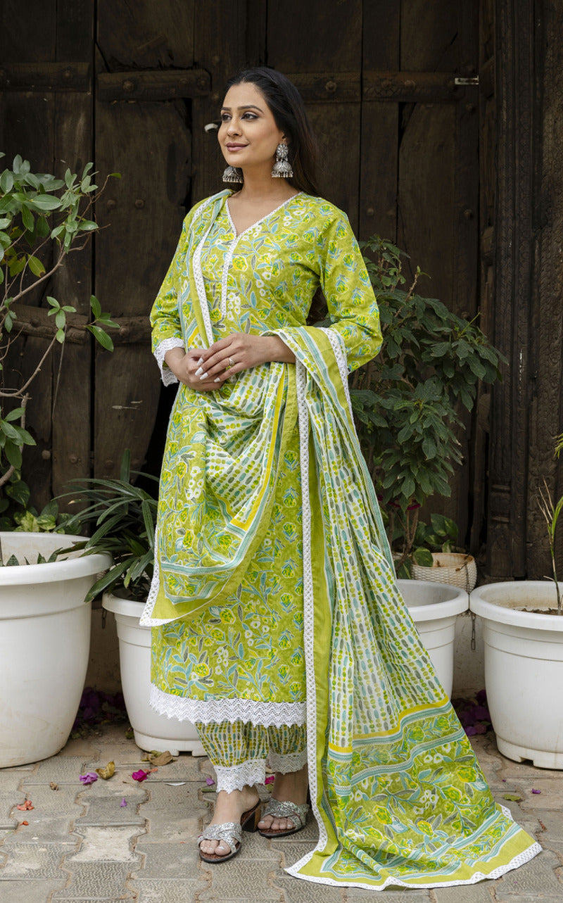 Green Printed Cotton Suit with Dupatta