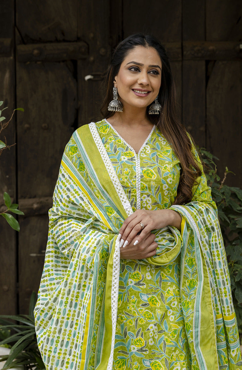 Green Printed Cotton Suit with Dupatta