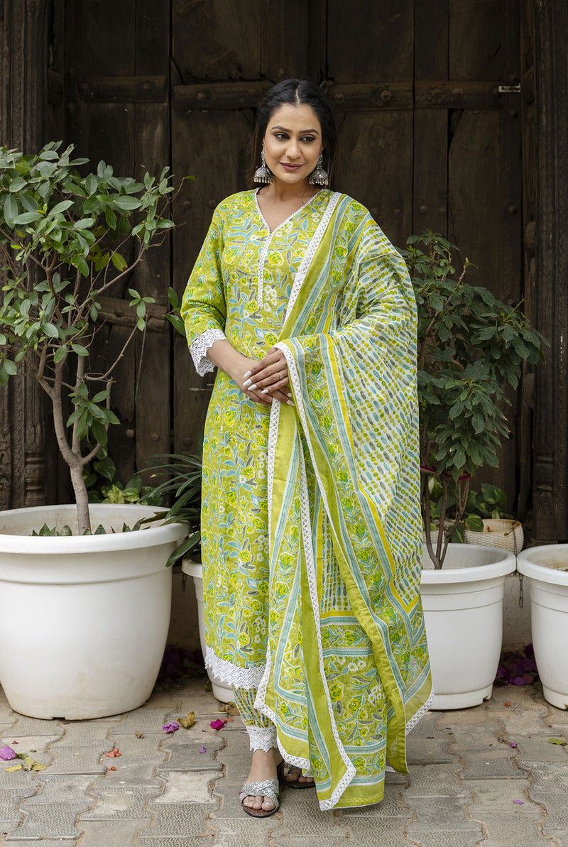 Green Printed Cotton Suit with Dupatta