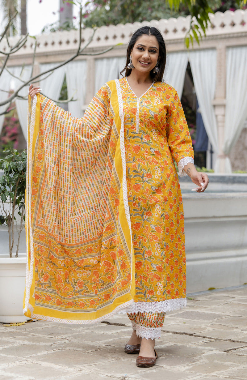 Orange Printed Cotton Suit with Dupatta