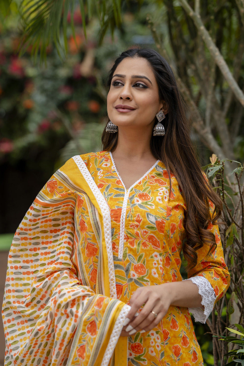 Orange Printed Cotton Suit with Dupatta