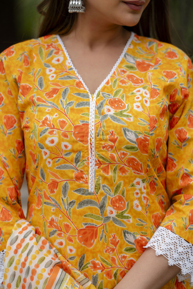 Orange Printed Cotton Suit with Dupatta