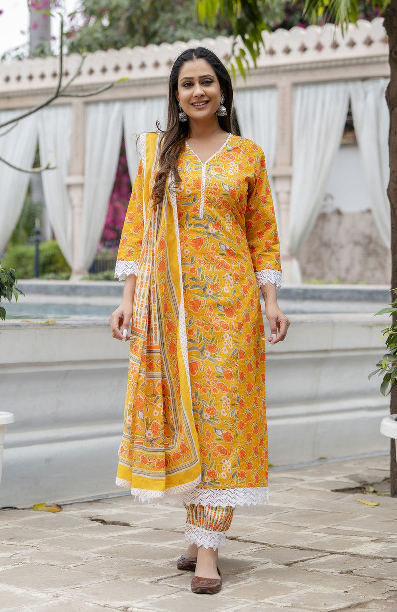 Orange Printed Cotton Suit with Dupatta