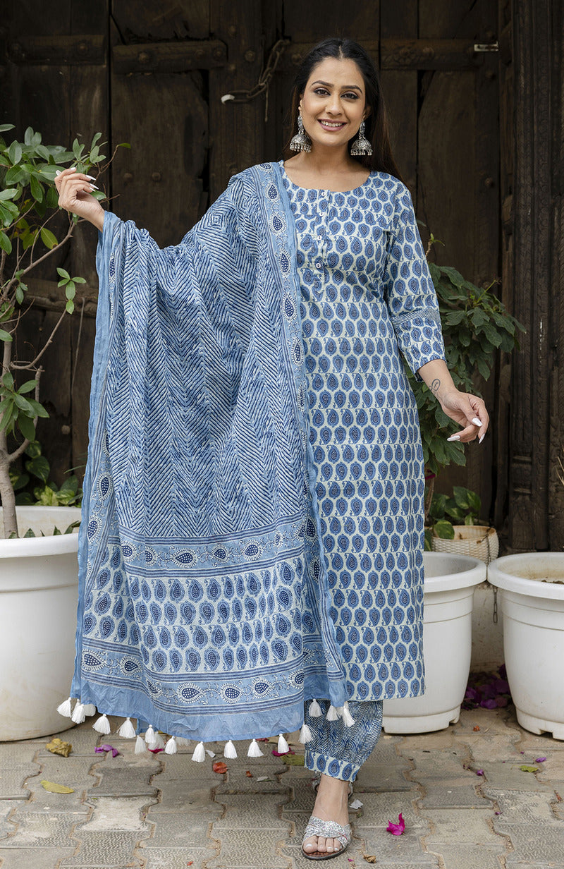 Blue Printed Cotton Suit with Dupatta