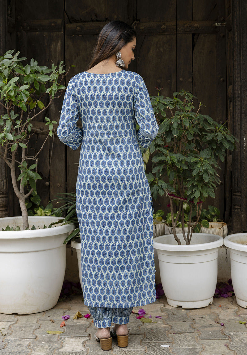 Blue Printed Cotton Suit with Dupatta