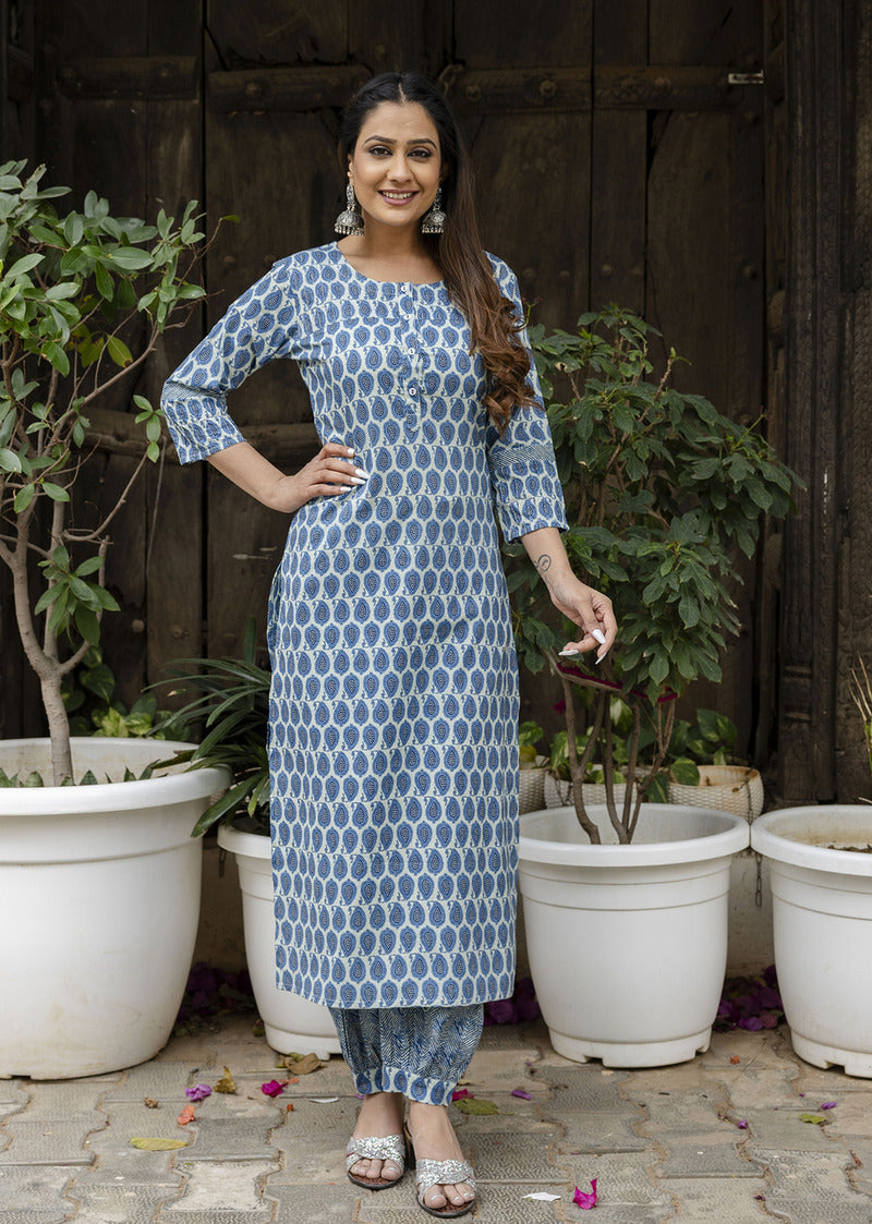 Blue Printed Cotton Suit with Dupatta