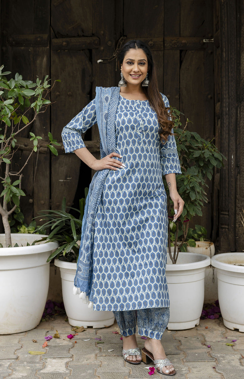 Blue Printed Cotton Suit with Dupatta