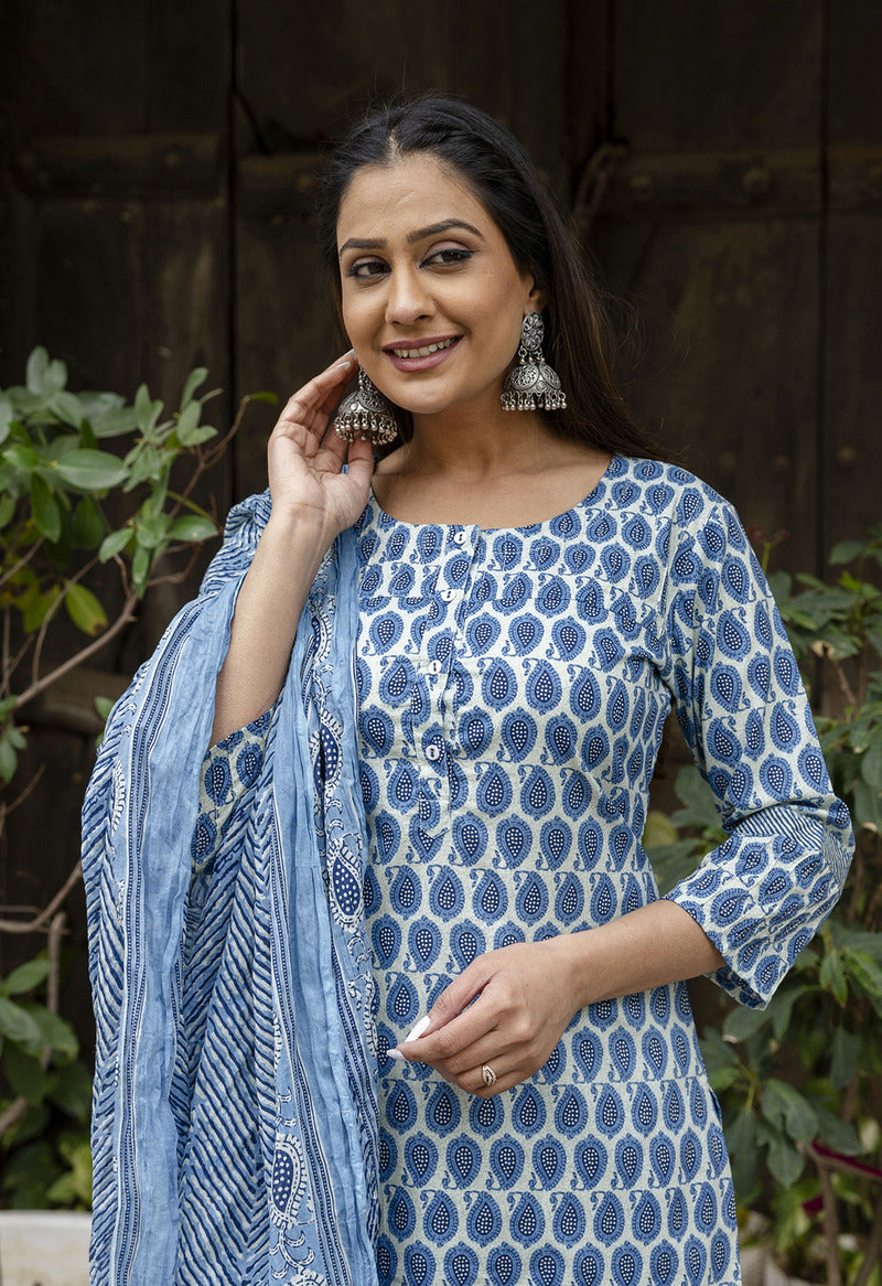 Blue Printed Cotton Suit with Dupatta