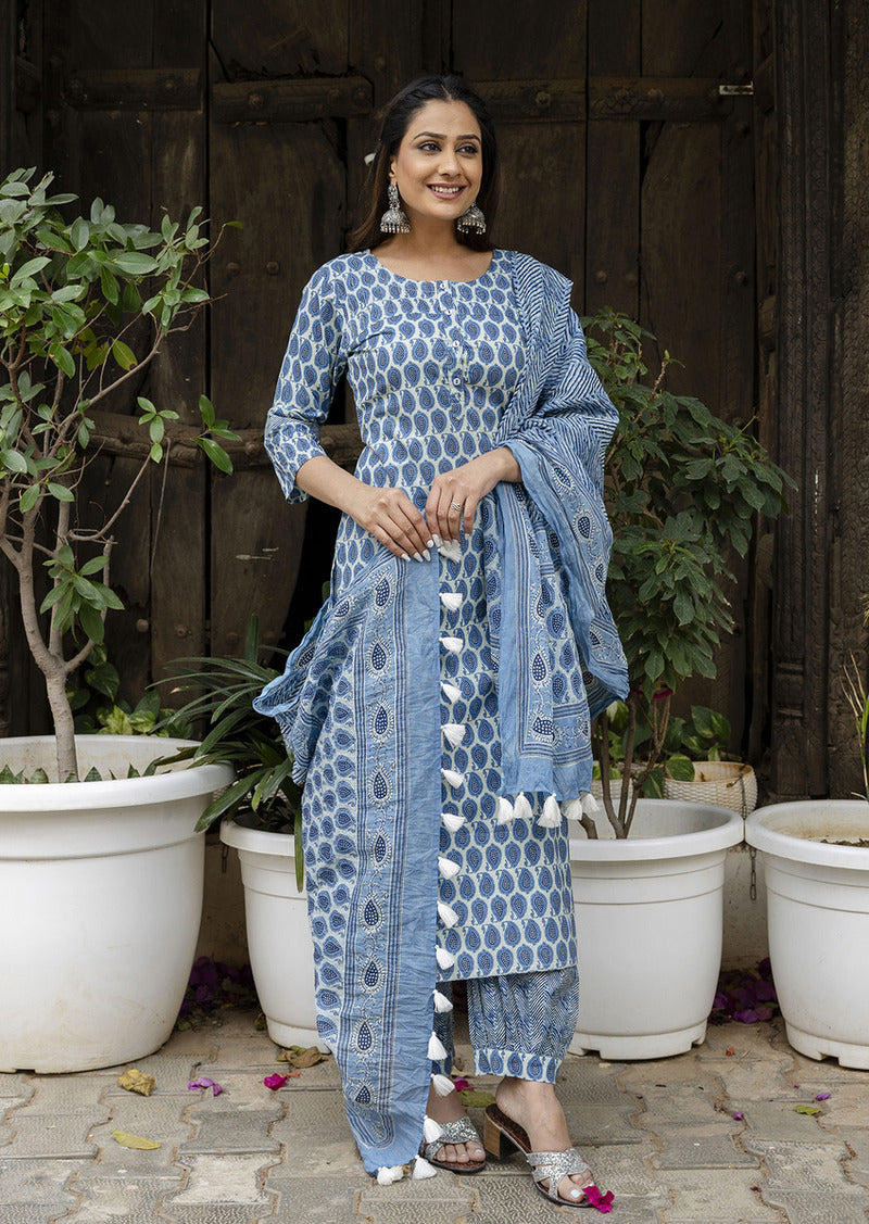 Blue Printed Cotton Suit with Dupatta