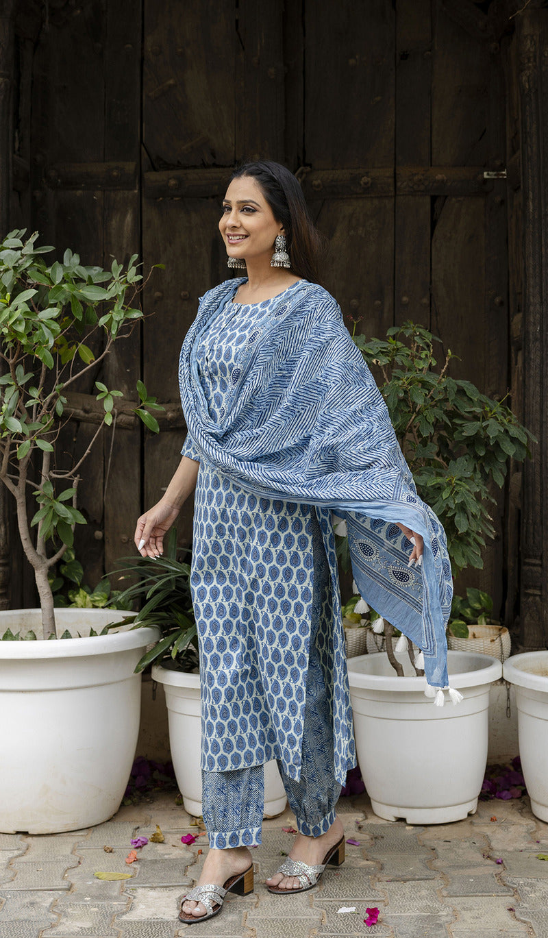 Blue Printed Cotton Suit with Dupatta