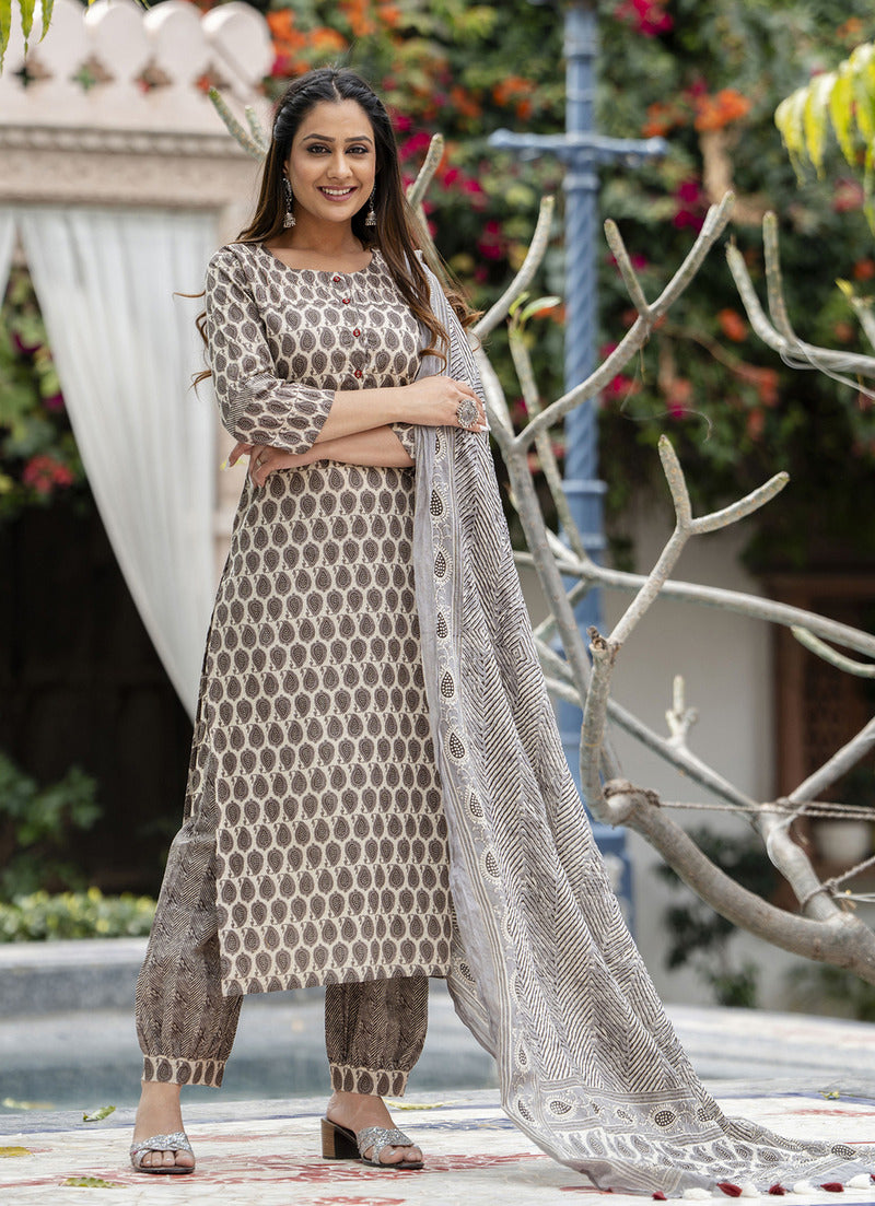 Grey Printed Cotton Suit with Dupatta