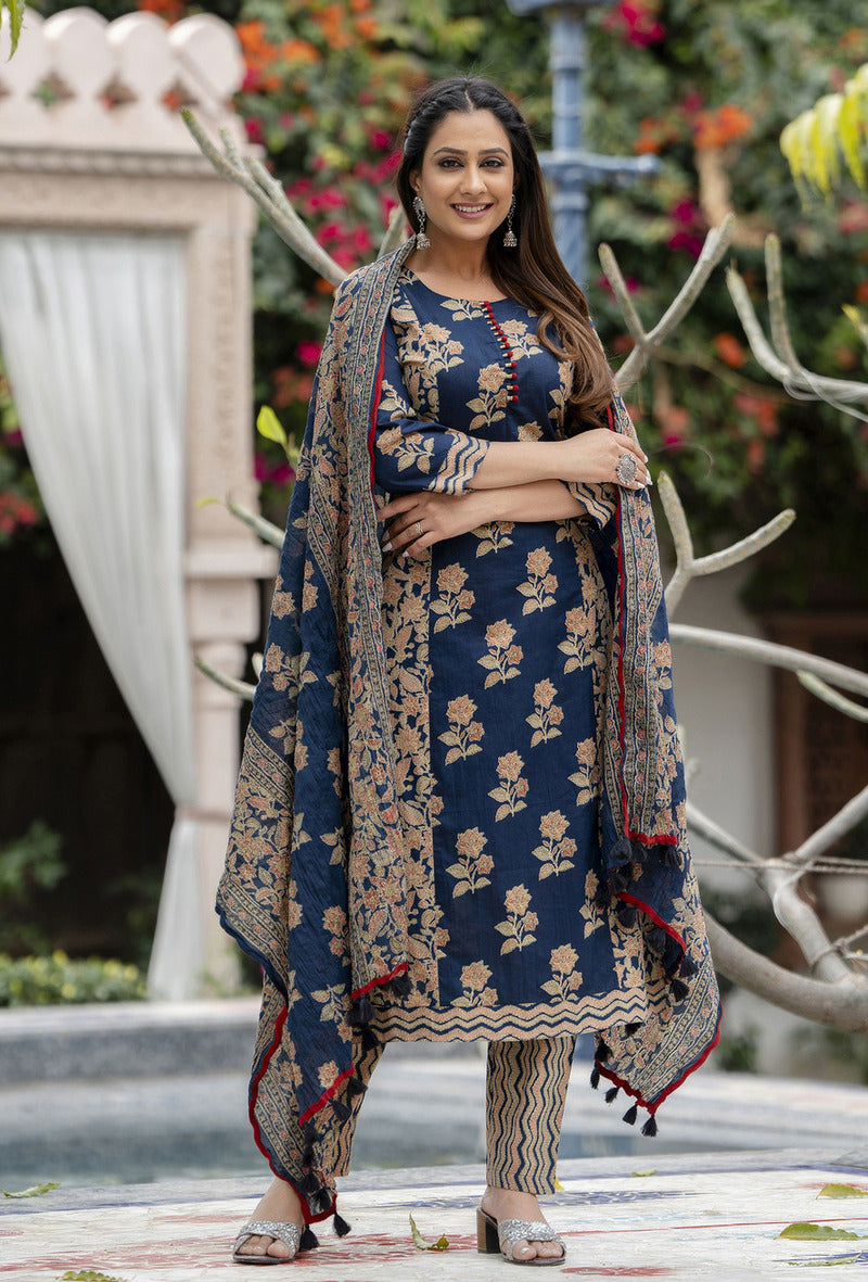 Blue Printed Cotton Suit with Dupatta