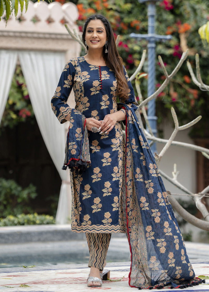 Blue Printed Cotton Suit with Dupatta