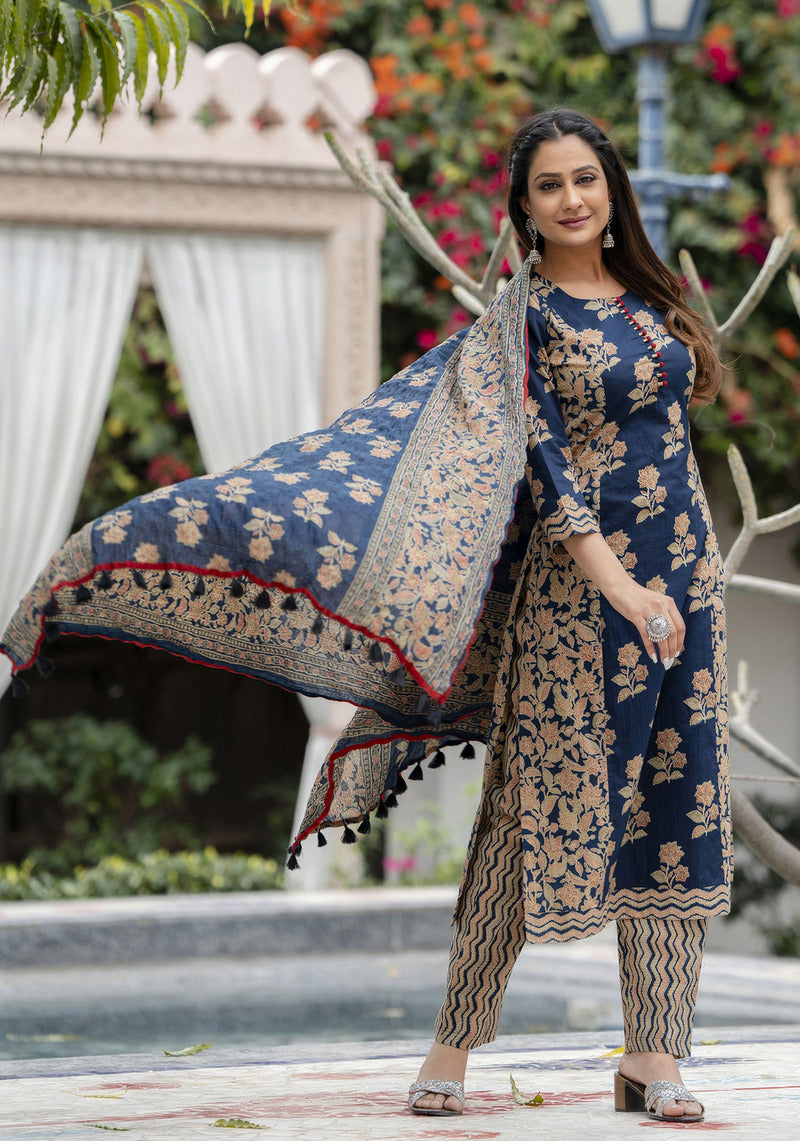 Blue Printed Cotton Suit with Dupatta