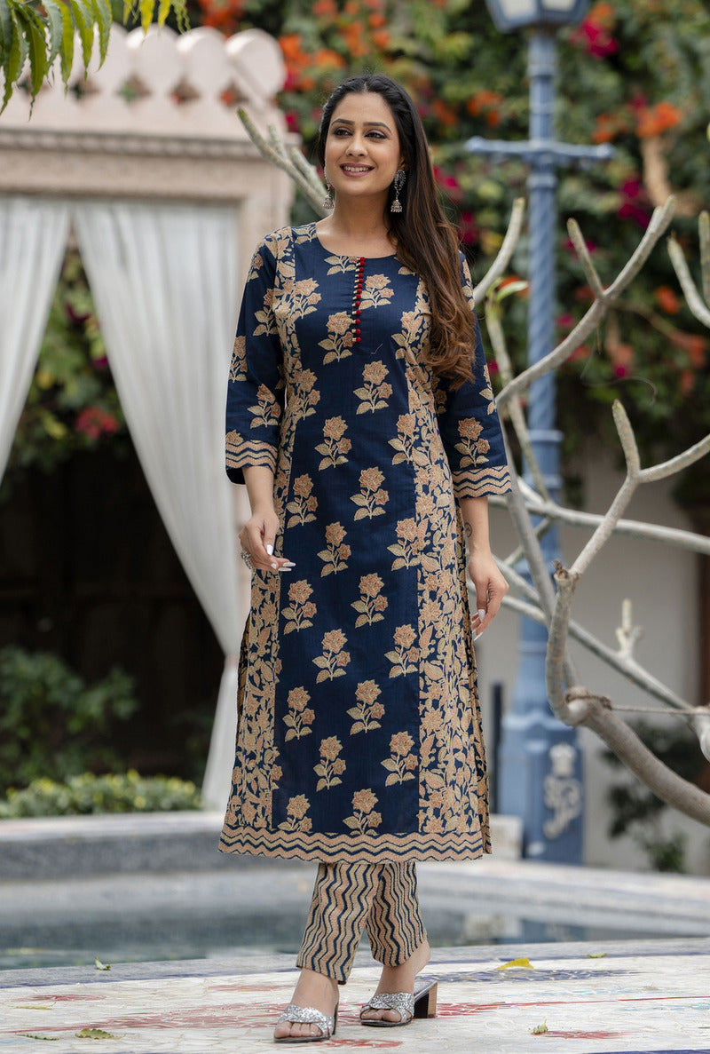 Blue Printed Cotton Suit with Dupatta