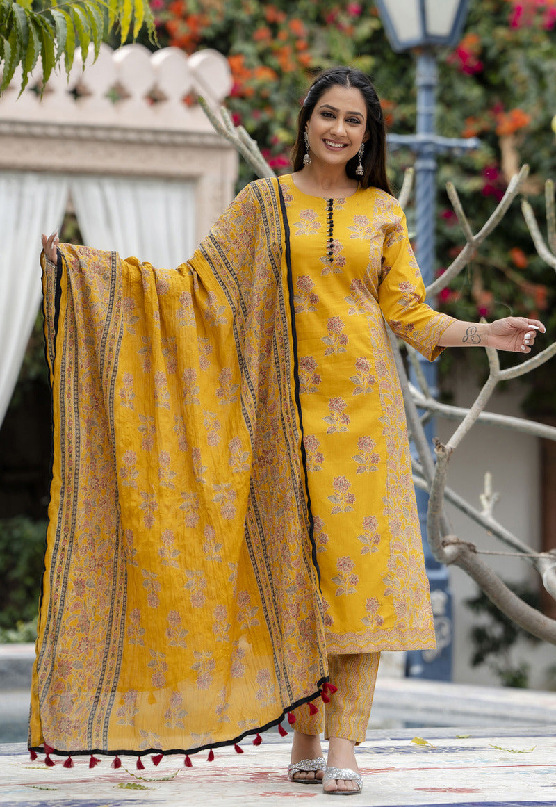 Yellow Printed Cotton Suit with Dupatta