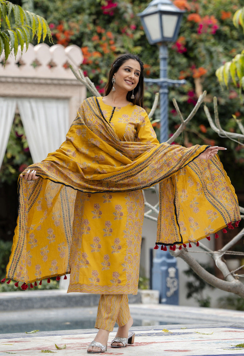 Yellow Printed Cotton Suit with Dupatta