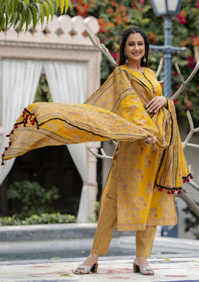 Yellow Printed Cotton Suit with Dupatta