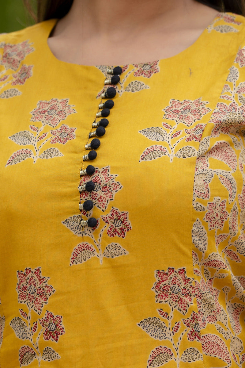 Yellow Printed Cotton Suit with Dupatta