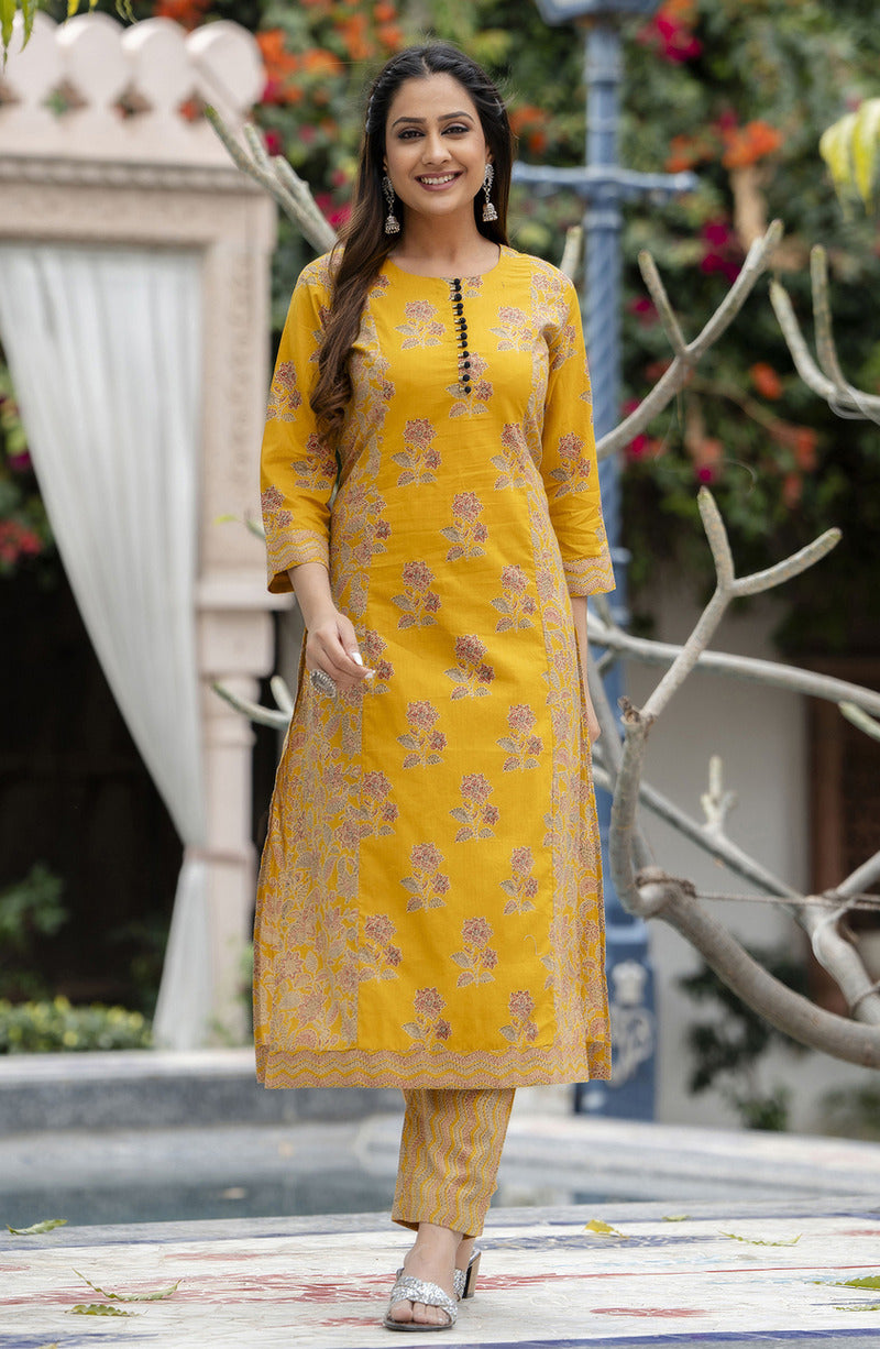 Yellow Printed Cotton Suit with Dupatta