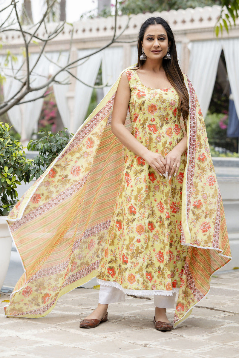 Green Printed Cotton Suit with Dupatta