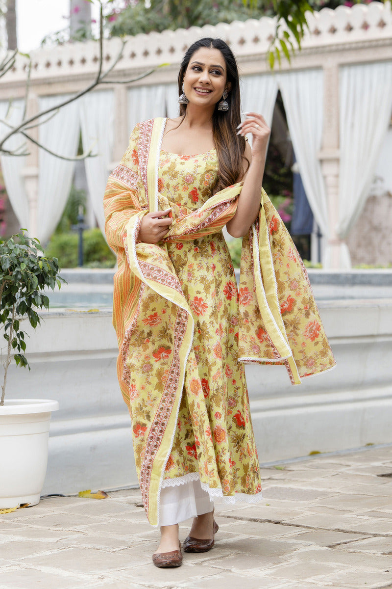 Green Printed Cotton Suit with Dupatta