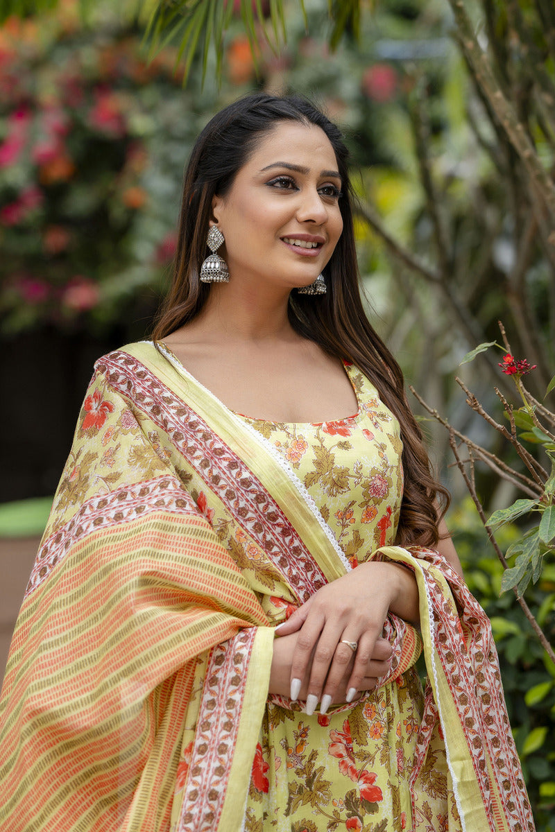 Green Printed Cotton Suit with Dupatta